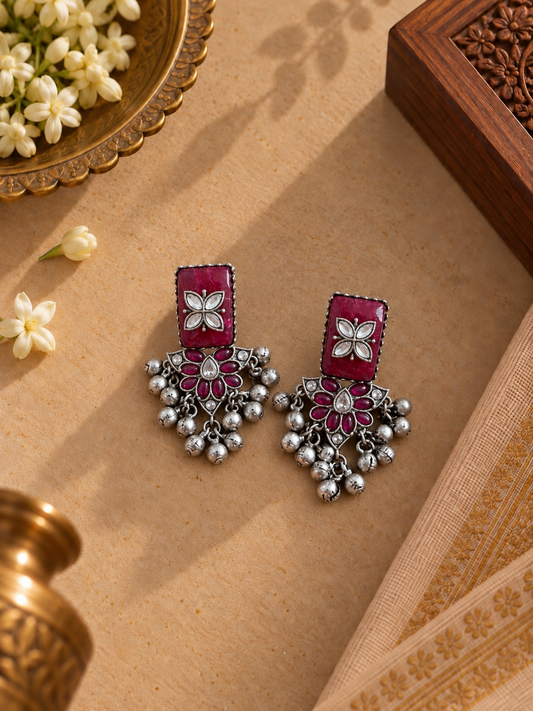 Traditional Ruby Red Oxidized Silver Earrings