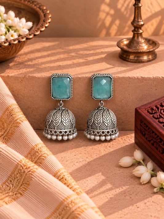 German Silver Blue Stone Pearl Jhumkas