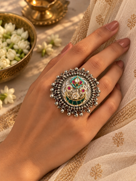 German Silver Green Kundan Ghungoor Ring
