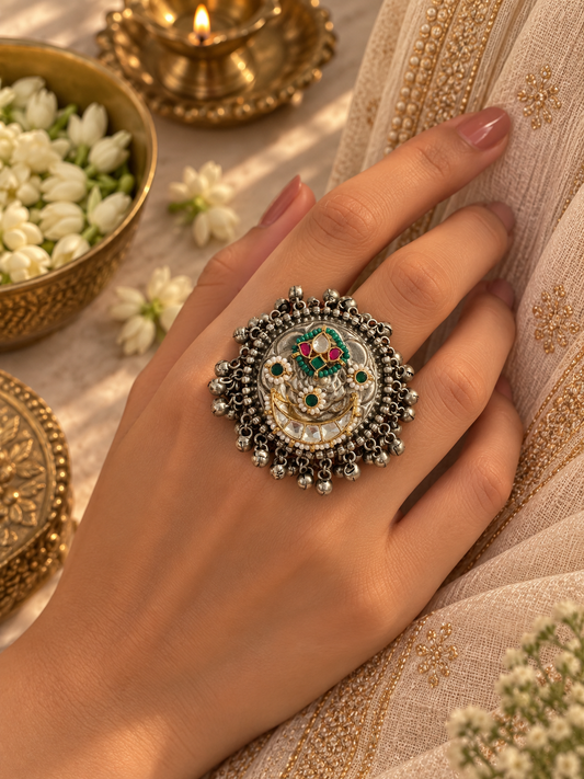 German Silver white Pachi Kundan Ghungoor Ring