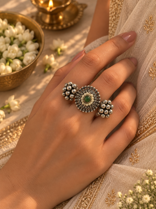 German Silver Green Kundan Ring