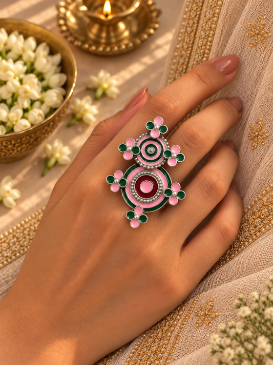 Pink & Green Enamel Handpainted Ring