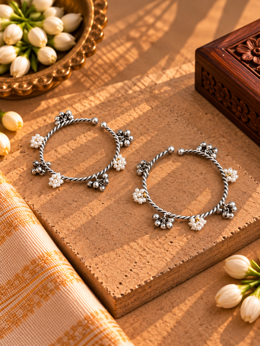 German Silver Ghungoor & Pearl Adjustable Bangles - Pair