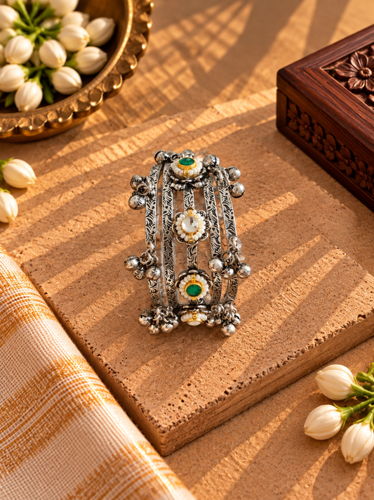 Ghungroo German silver green and white kundan kada