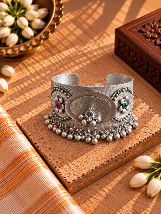 German Silver Afghani Pink & Green Ghungroo Kada