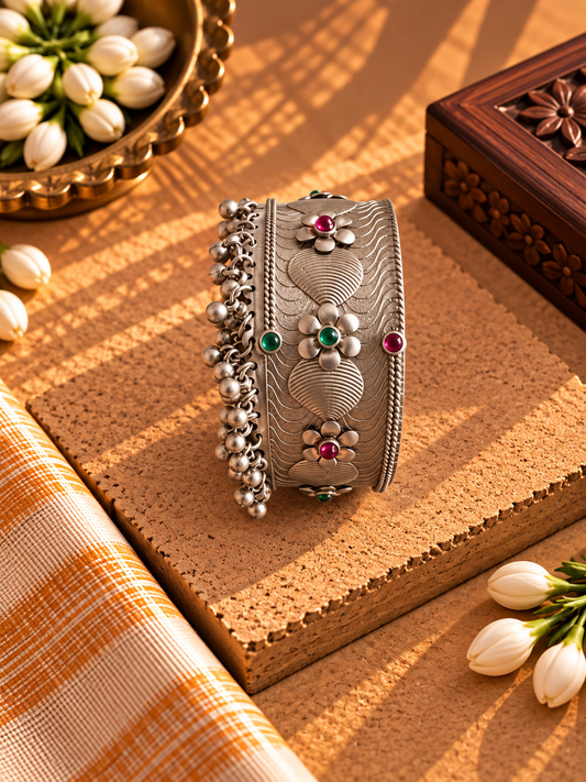 German Silver Afghani Pink & Green Flower Detail Ghungroo Kada