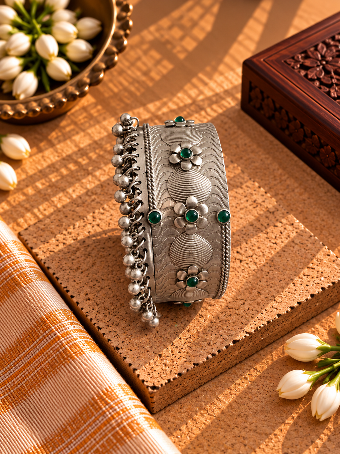 German Silver Afghani Green Flower Detail Ghungroo Kada - Single
