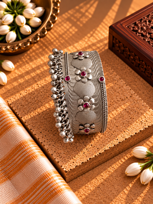 German Silver Afghani Pink Flower Detail Ghungroo Kada
