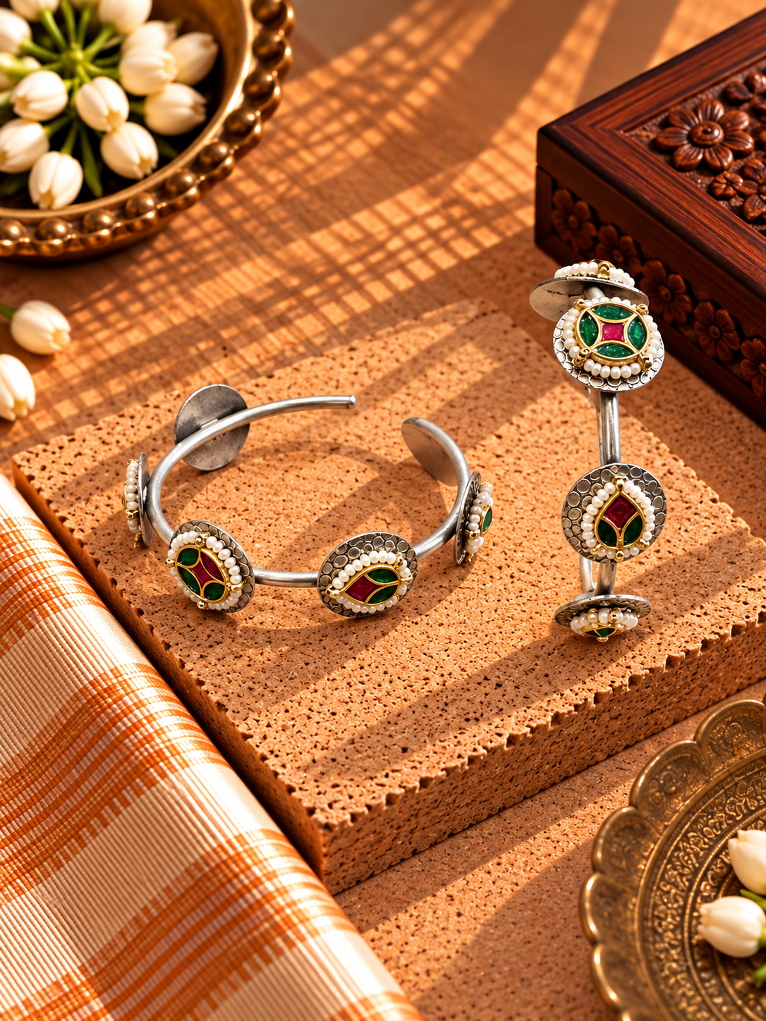Coin Green Pachi Kundan Adjustable Kada  - Pair