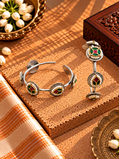 Coin Green Pachi Kundan Adjustable Kada  - Pair