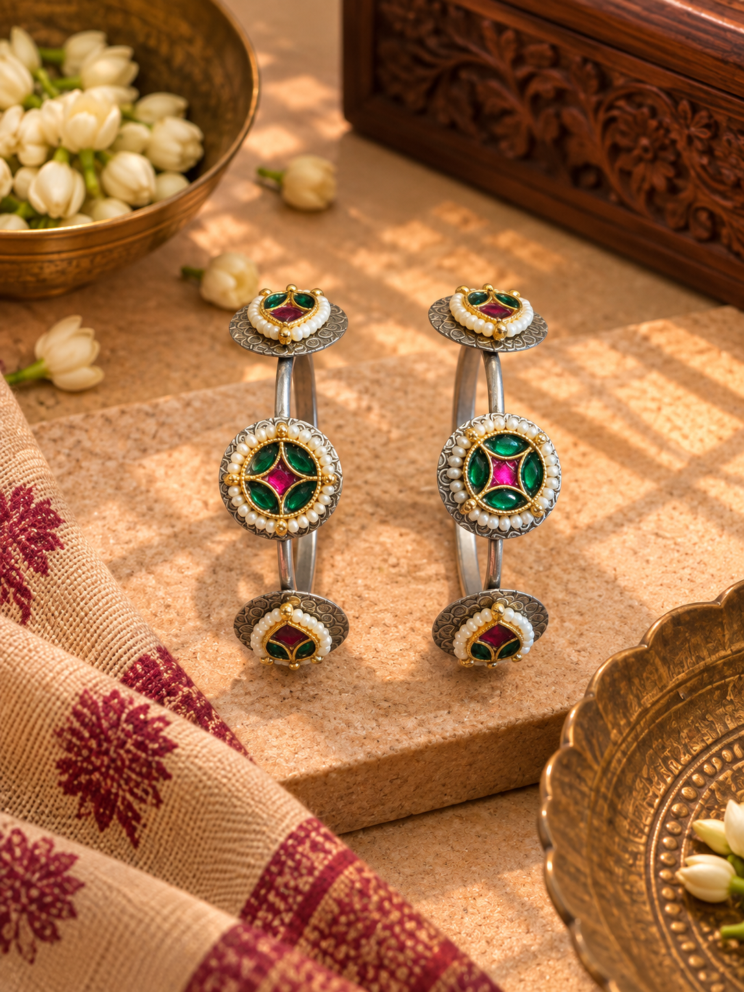 Coin Green Pachi Kundan Adjustable Kada  - Pair