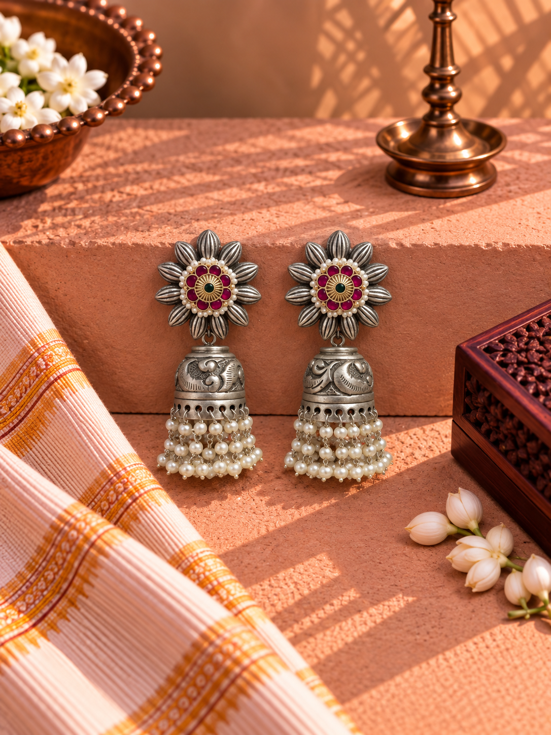 German Silver Gulabi Noor Pachi Kundan Pearl Jhumka