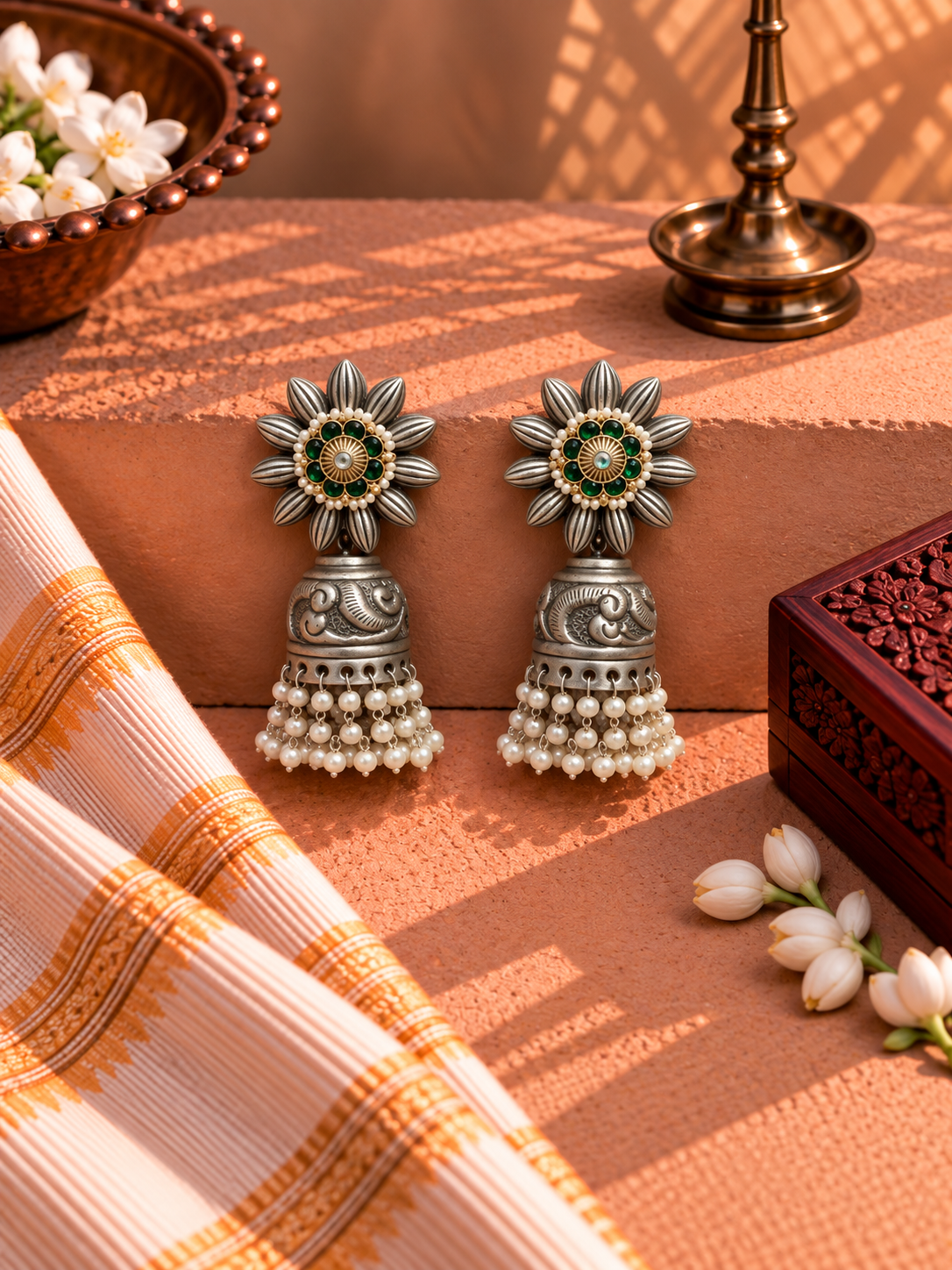 German Silver Mayura Emerald Pachi Kundan Pearl Jhumka