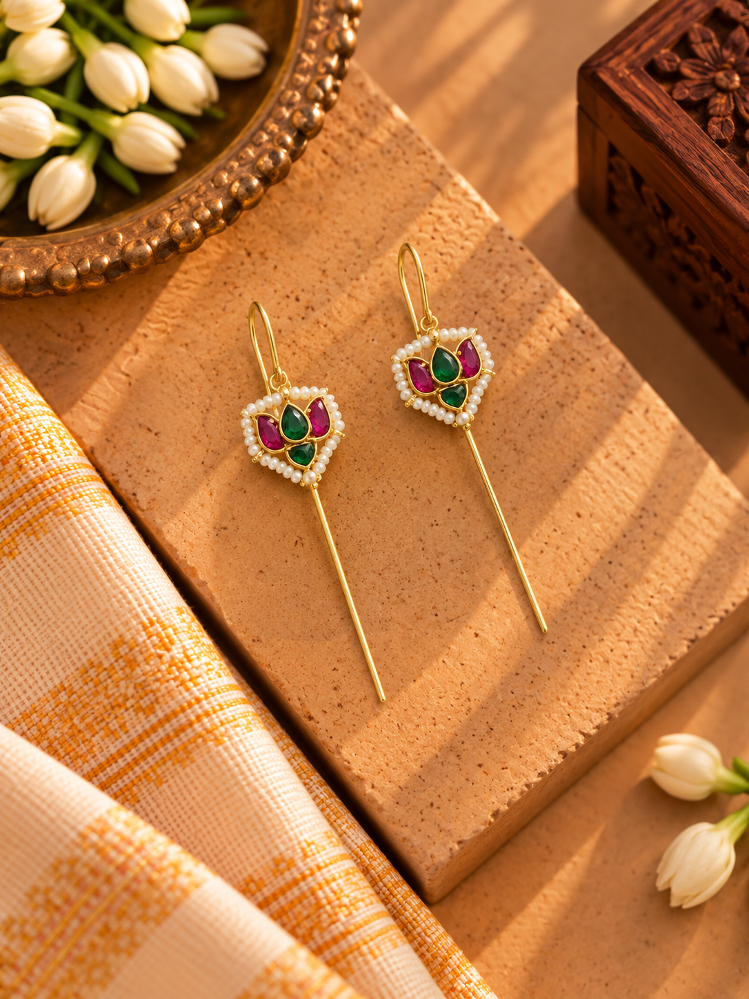 Kamal Pachi Kundan Pink & Green Needle Earcuffs