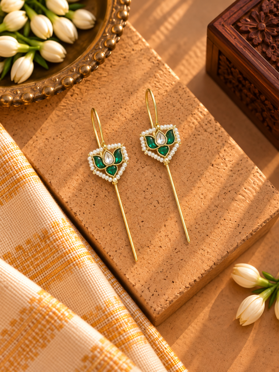 Kamal Pachi Kundan Green Needle Earcuffs