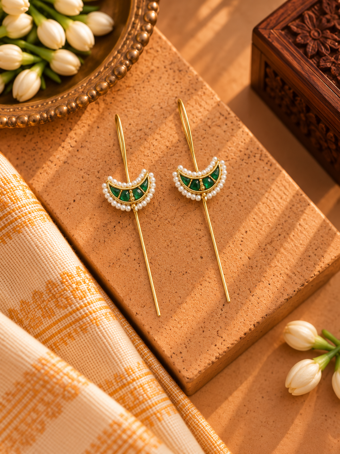 Chand Pachi Kundan Green Needle Earcuffs