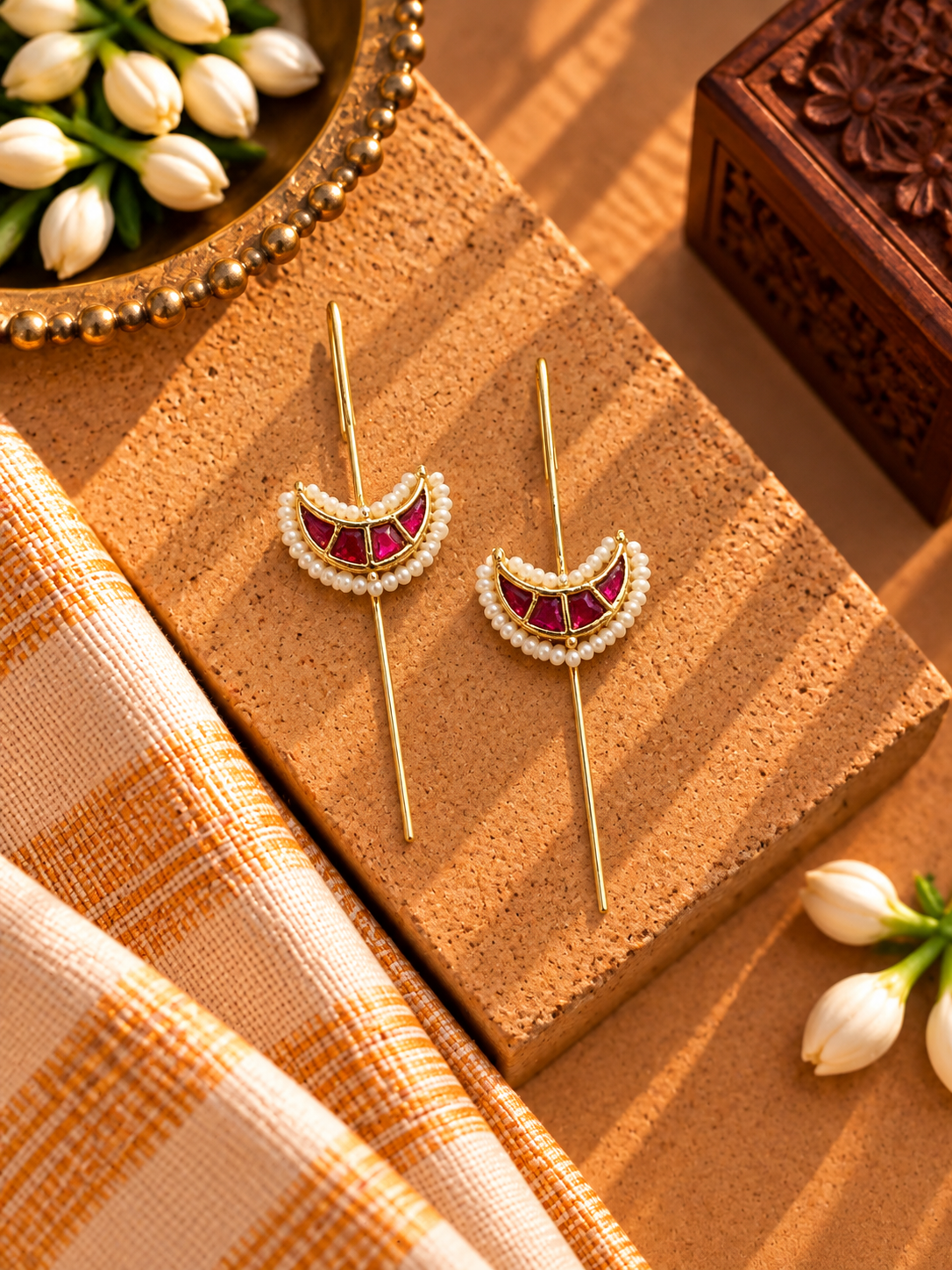Chaand Mahal Pink Pachi Kundan Needle Earcuffs