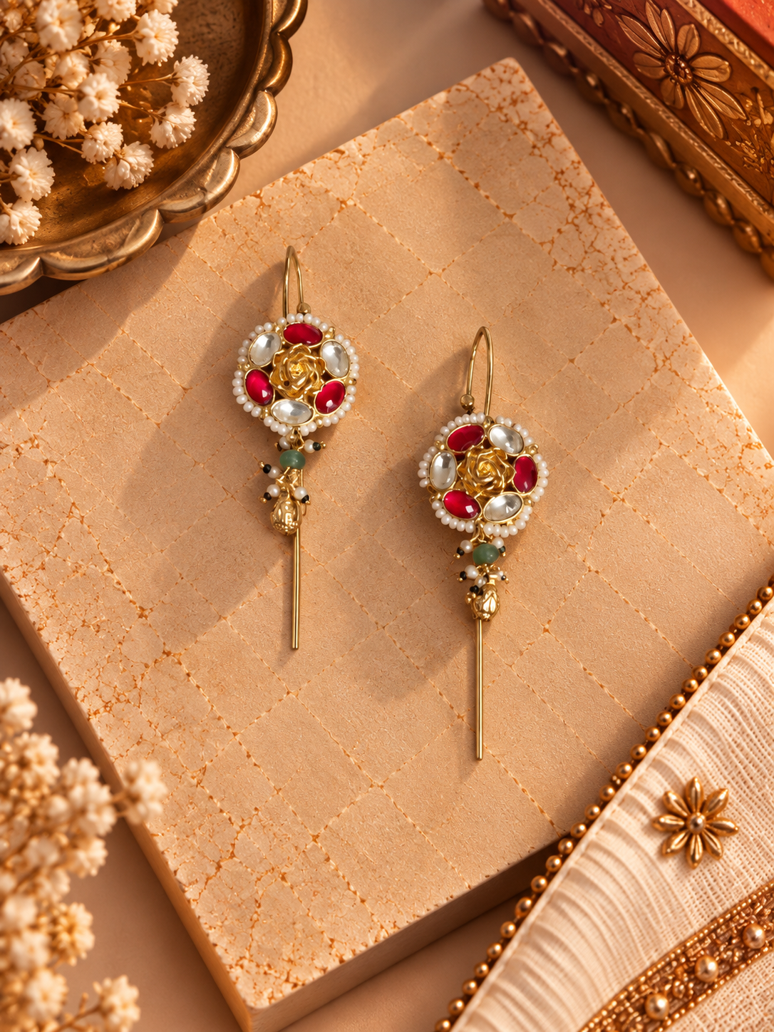 Neelam Gulabi Pachi Kundan Needle Earcuffs