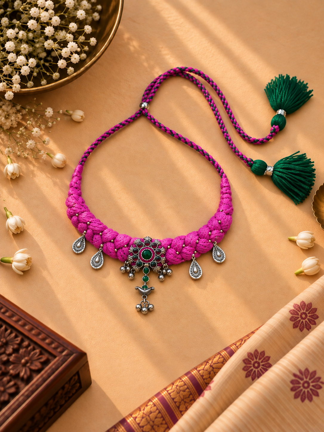 Handmade Panna Gulab Necklace — emerald & rose