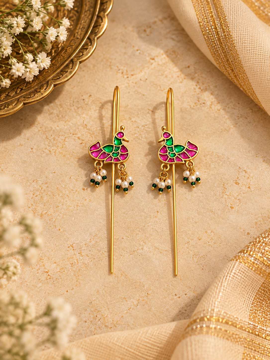 पंछी  Pachi Kundan Pink & Green Pearl Needle Earcuff