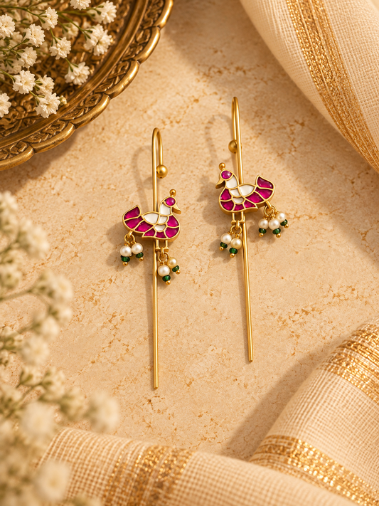 पंछी  Pachi Kundan Pink & White Pearl Needle Earcuff