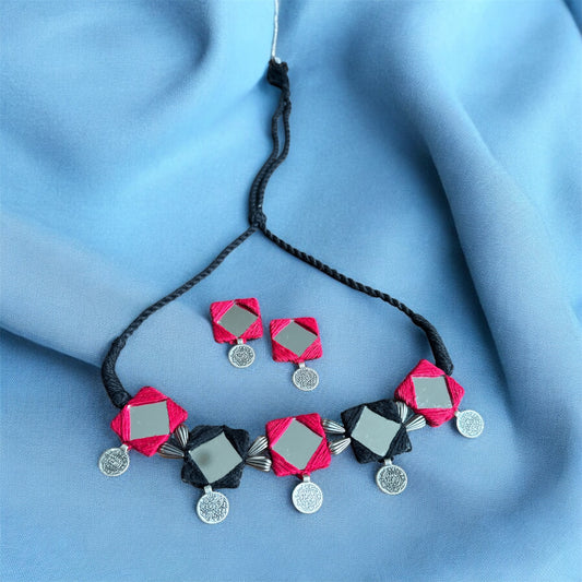 Boho Mirror Work Necklace & Earrings Set | Handcrafted Navratri 2025 Jewelry | Oxidised Silver Statement Set