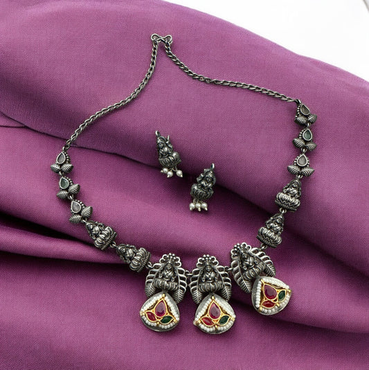 Oxidized Brass Goddess Lakshmi Choker Necklace with Kundan Stones