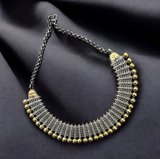 Dual-Tone Oxidized Brass Choker Necklace with Gold Beads