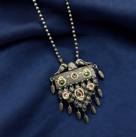 Statement Oxidized Brass Necklace with Kundan and Drop Pendants