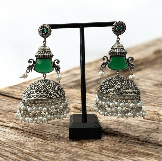 Oxidized Brass Jhumka Earrings with Green/Pastel Blue Stone