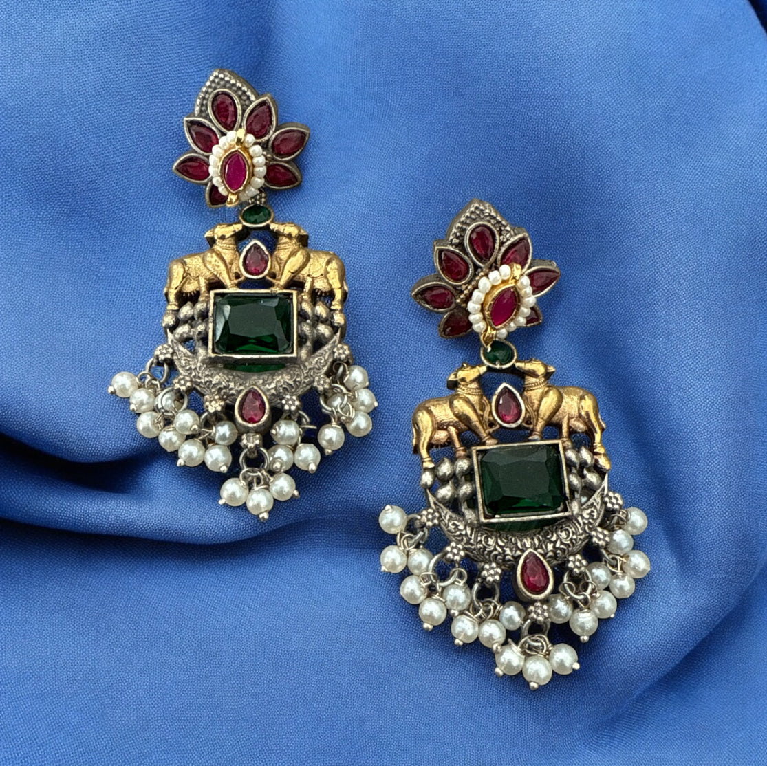 Oxidized Brass Cow Motif Earrings with Kundan and Pearl Drops
