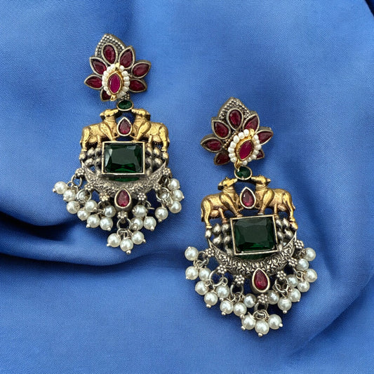 Oxidized Brass Cow Motif Earrings with Kundan and Pearl Drops