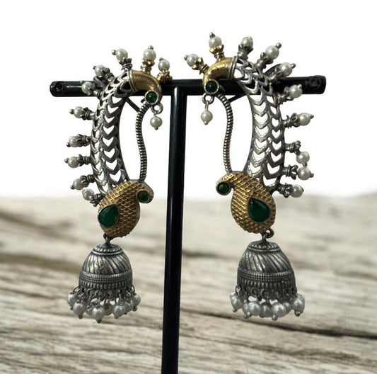 Navratri Special - Dual Tone Peacock Jhumki with Pearl & Stone