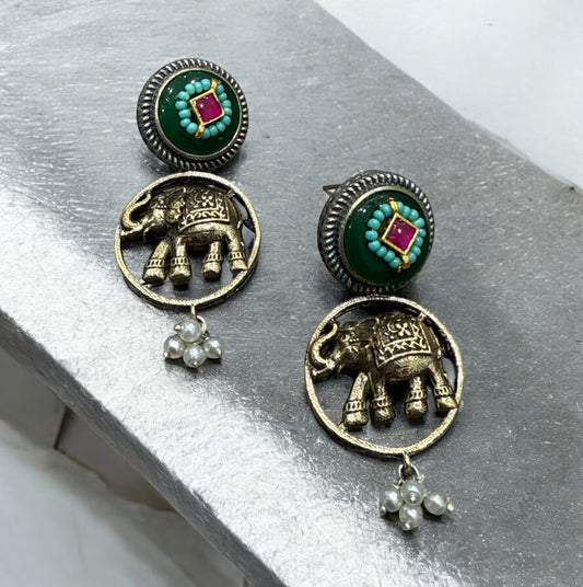 Oxidised Brass Elephant Earrings with Green and Pink Stone