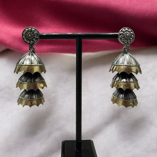 Layered Brass Jhumkas - Two-Tone Oxidised Earrings
