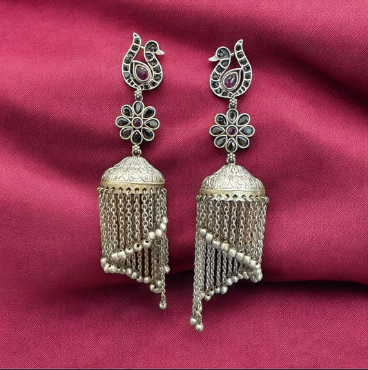 Oxidised Silver Peacock & Jhumka Earrings with Chain Drops