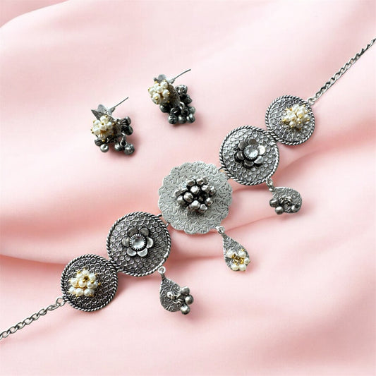 Boho German Silver Ghungroo and Pearl Choker with Earrings| Navratri 2025 Statement Piece