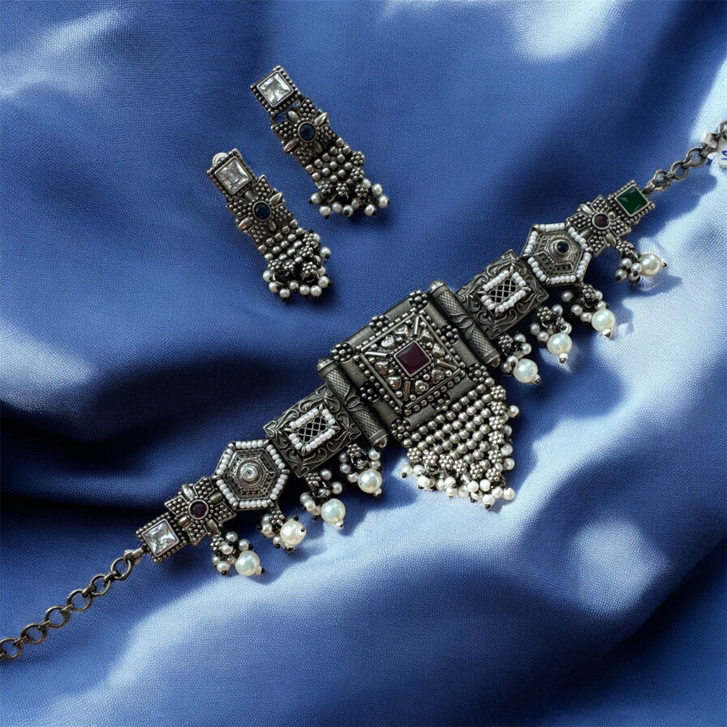 Kundan-Studded Pearl German Silver Necklace and Earrings Set – Boho traditional | Navratri 2025 Statement
