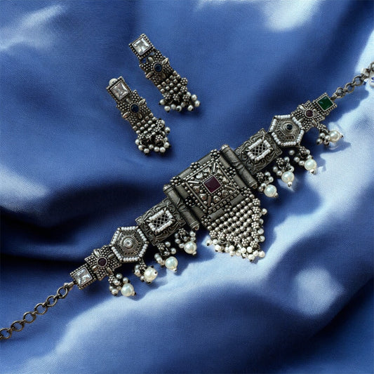 Kundan-Studded Pearl German Silver Necklace and Earrings Set – Boho traditional | Navratri 2025 Statement