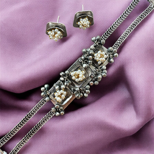 Oxidized Silver Ghungroo & Pearl Choker Set | Navratri 2025 Statement Piece