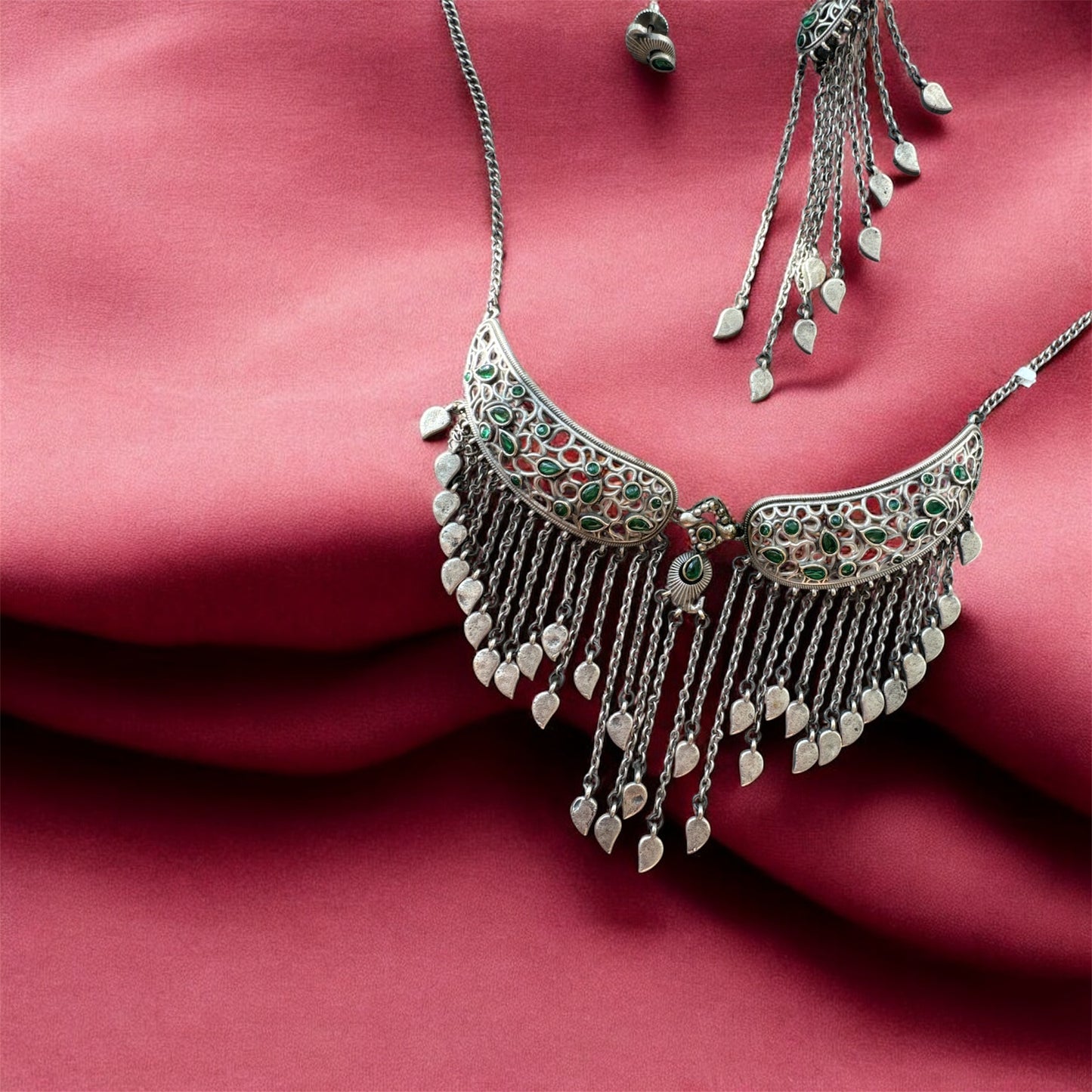 Kinjal Dave-Inspired Green Brass German silver Navratri Necklace Set with Stud Earring and Ear Cuff