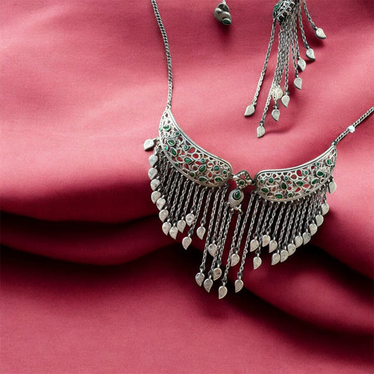 Kinjal Dave-Inspired Green Brass German silver Navratri Necklace Set with Stud Earring and Ear Cuff