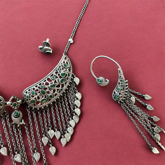 Kinjal Dave-Inspired Green Brass German silver Navratri Necklace Set with Stud Earring and Ear Cuff