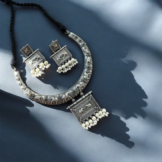 Royal Elephant Pearl Oxidized Hasli and Earring Set | Boho Look | Statement Piece