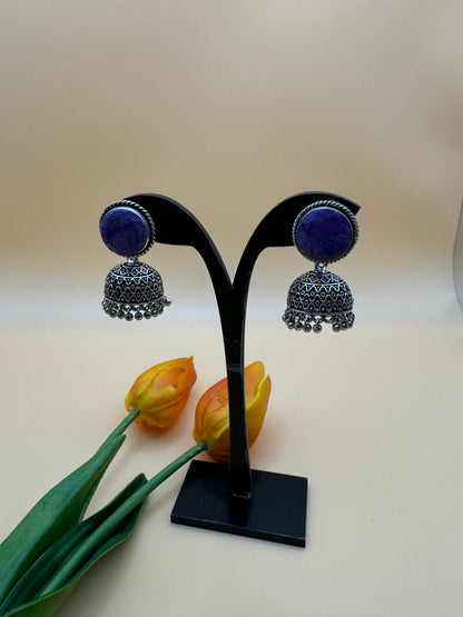 Matte Purple Stone Oxidized Jhumka Earrings