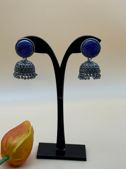 Matte Purple Stone Oxidized Jhumka Earrings