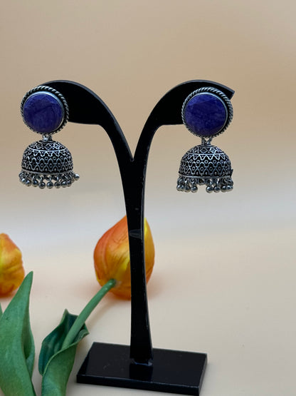 Matte Purple Stone Oxidized Jhumka Earrings