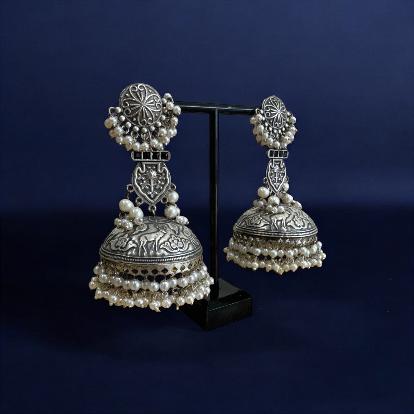 Stunning Silver Oxidised Antique Pearl Layered Jhumka Earrings | Boho Earrings