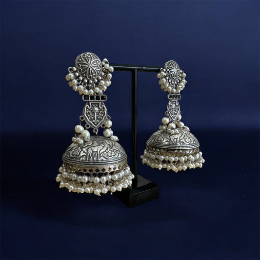 Stunning Silver Oxidised Antique Pearl Layered Jhumka Earrings | Boho Earrings