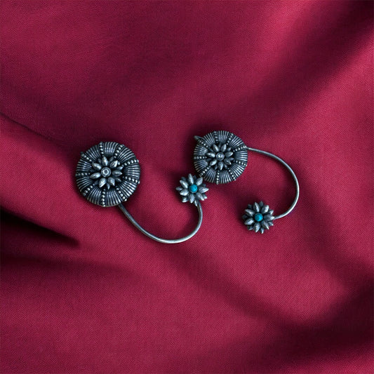 Turquoise Stone Round Stud Sunflower German Silver Earcuffs | Boho Earrings| Navratri 2025